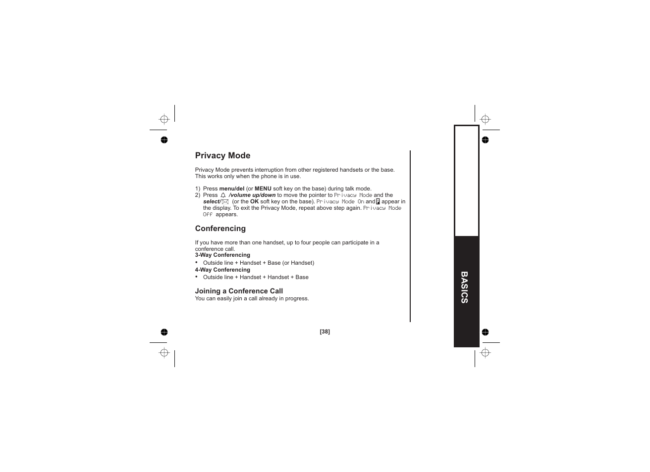 Basics privacy mode | Uniden WDECT 2345+1 User Manual | Page 39 / 92