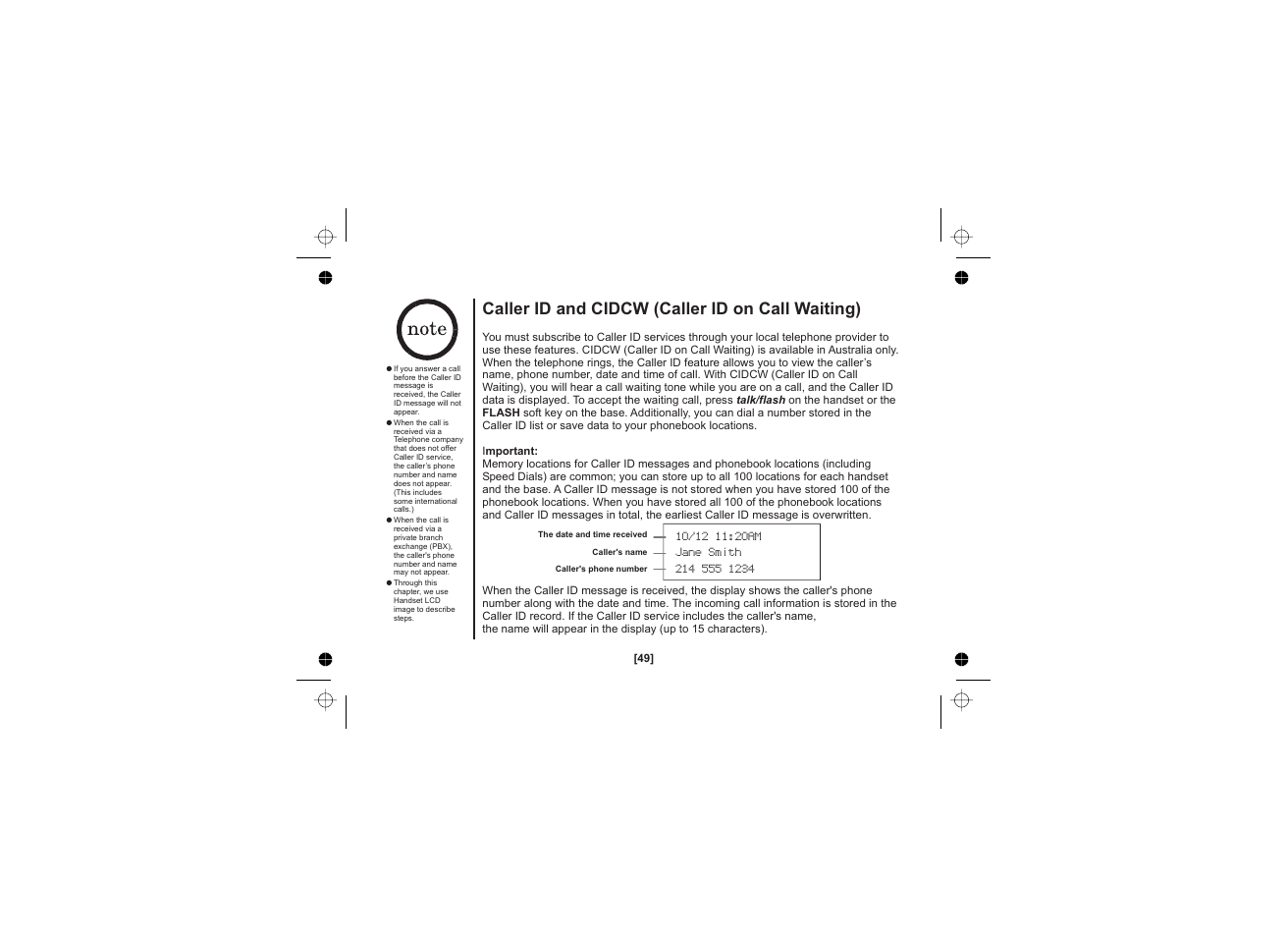 Caller id and cidcw (caller id on call waiting) | Uniden WDECT 2345+1 User Manual | Page 50 / 92