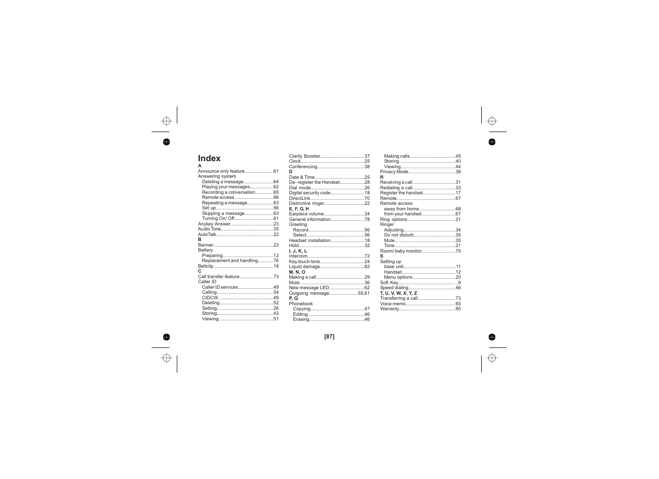 Index | Uniden WDECT 2345+1 User Manual | Page 88 / 92