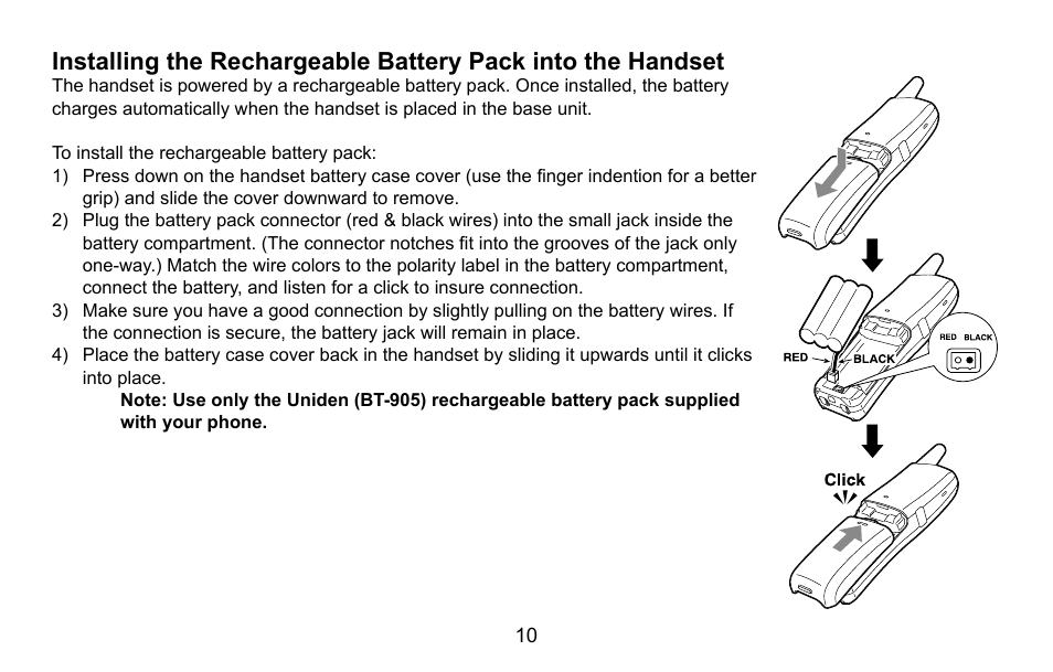 Installing the rechargeable battery pack into the | Uniden EXI5660 Series User Manual | Page 11 / 48