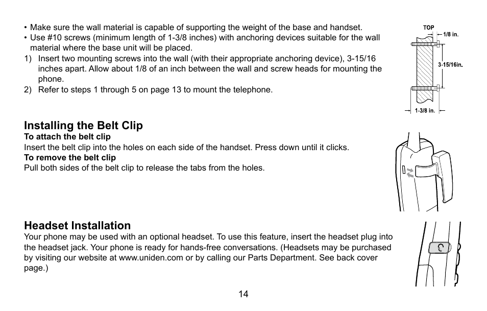 Installing the belt clip, Headset installation | Uniden EXI5660 Series User Manual | Page 15 / 48