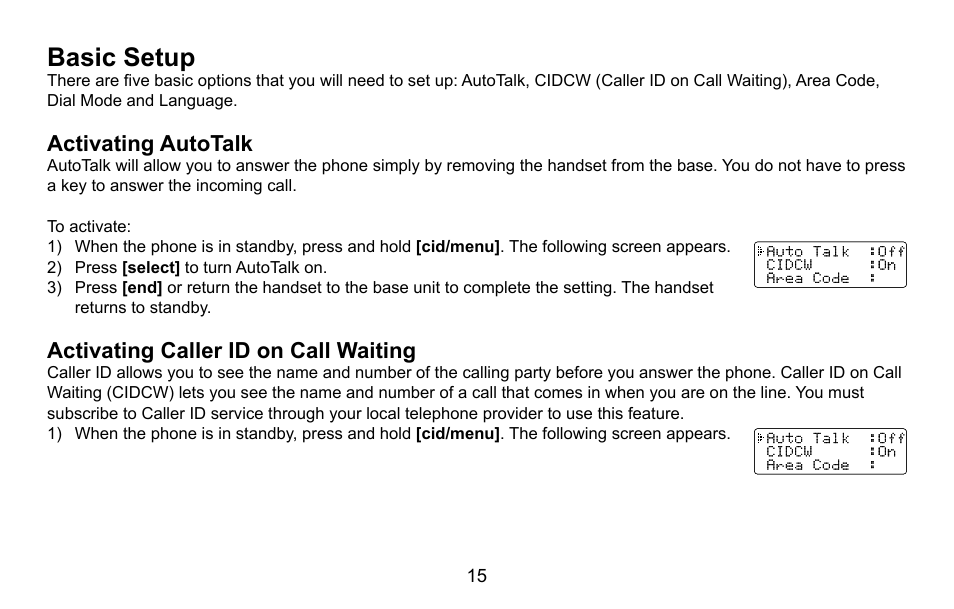 Basic setup, Activating autotalk, Activating caller id on call waiting | P.5 | Uniden EXI5660 Series User Manual | Page 16 / 48