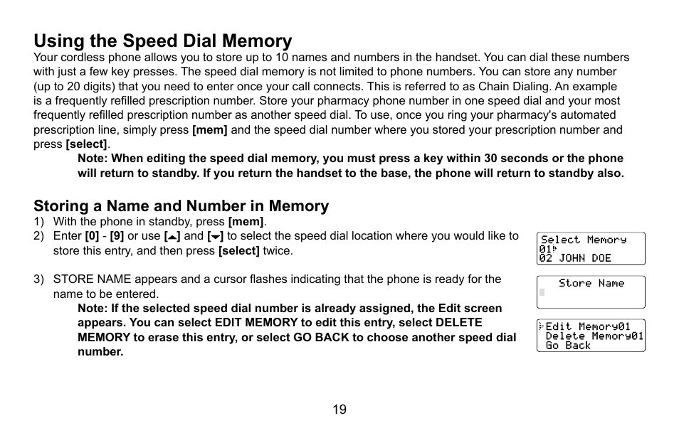 Using the speed dial memory, Storing a name and number in memory | Uniden EXI5660 Series User Manual | Page 20 / 48