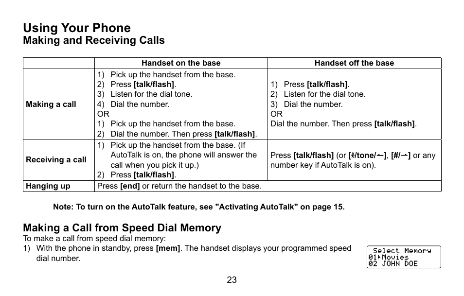Using your phone, Making and receiving calls, Making a call from speed dial memory | Uniden EXI5660 Series User Manual | Page 24 / 48