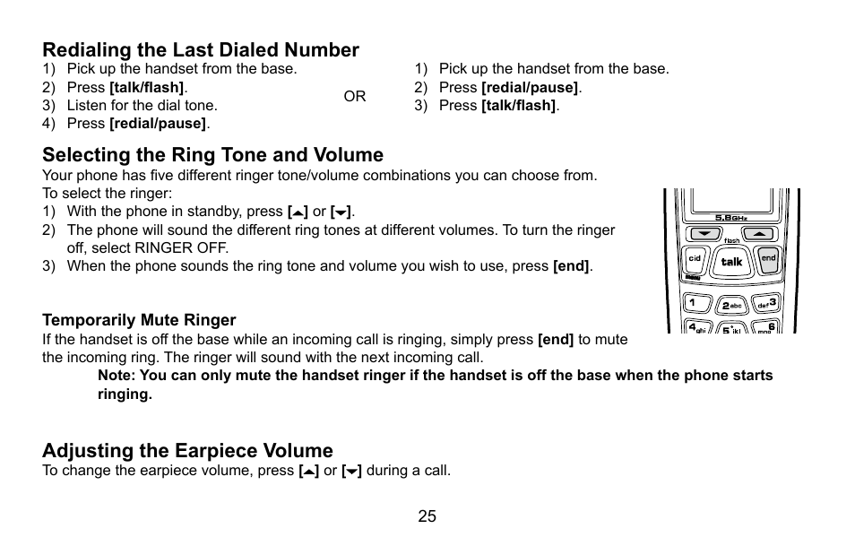 Redialing the last dialed number, Selecting the ring tone and volume, Temporarily mute ringer | Adjusting the earpiece volume, P.25 | Uniden EXI5660 Series User Manual | Page 26 / 48
