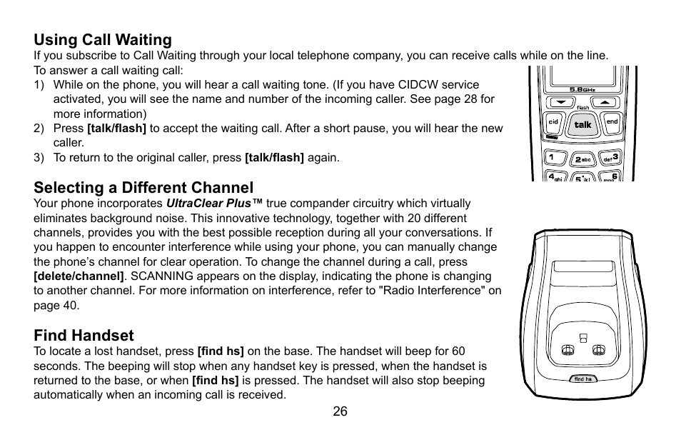 Using call waiting, Selecting a different channel, Find handset | Uniden EXI5660 Series User Manual | Page 27 / 48