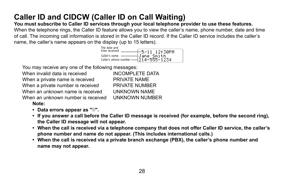 Caller id and cidcw (caller id on call waiting) | Uniden EXI5660 Series User Manual | Page 29 / 48
