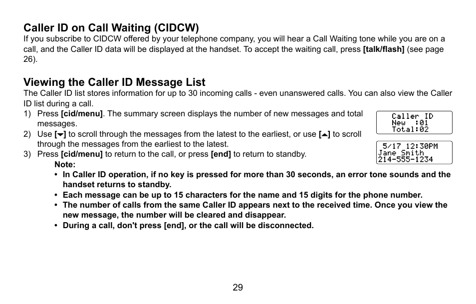 Caller id on call waiting (cidcw), Viewing the caller id message list | Uniden EXI5660 Series User Manual | Page 30 / 48