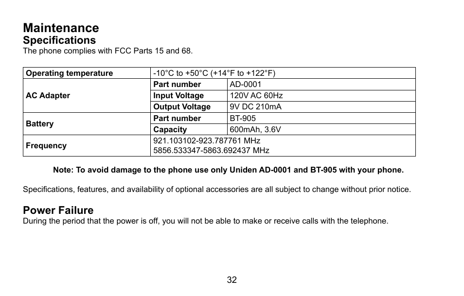 Maintenance, Specifications, Power failure | Uniden EXI5660 Series User Manual | Page 33 / 48