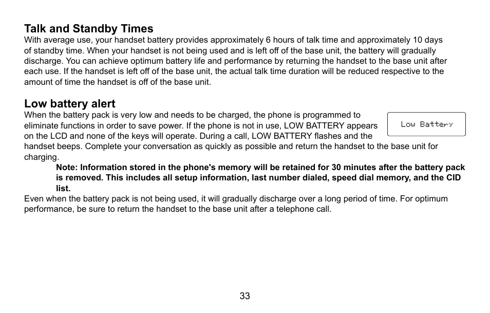 Talk and standby times, Low battery alert | Uniden EXI5660 Series User Manual | Page 34 / 48