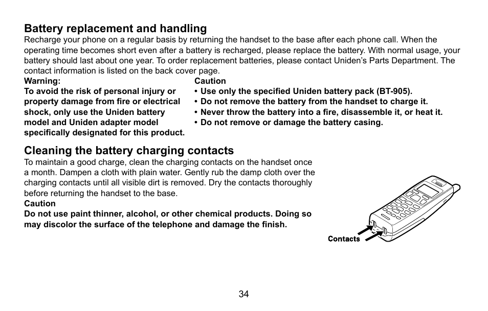 Battery replacement and handling, Cleaning the battery charging contacts | Uniden EXI5660 Series User Manual | Page 35 / 48