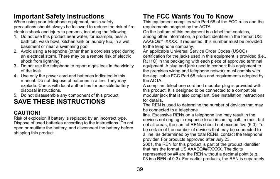 Caution, The fcc wants you to know, Important safety instructions | Save these instructions | Uniden EXI5660 Series User Manual | Page 40 / 48