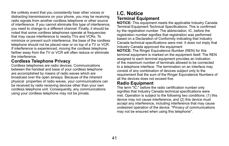 Cordless telephone privacy, I.c. notice, Terminal equipment | Radio equipment | Uniden EXI5660 Series User Manual | Page 42 / 48