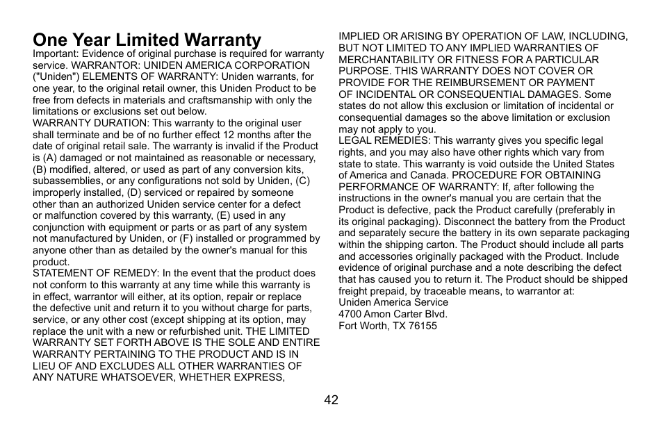 One year limited warranty | Uniden EXI5660 Series User Manual | Page 43 / 48