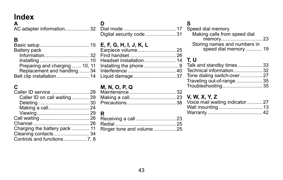 Index | Uniden EXI5660 Series User Manual | Page 44 / 48