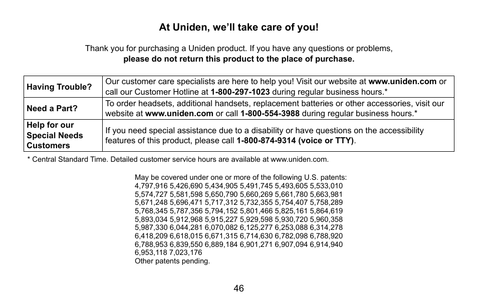 At uniden, we’ll take care of you | Uniden EXI5660 Series User Manual | Page 47 / 48
