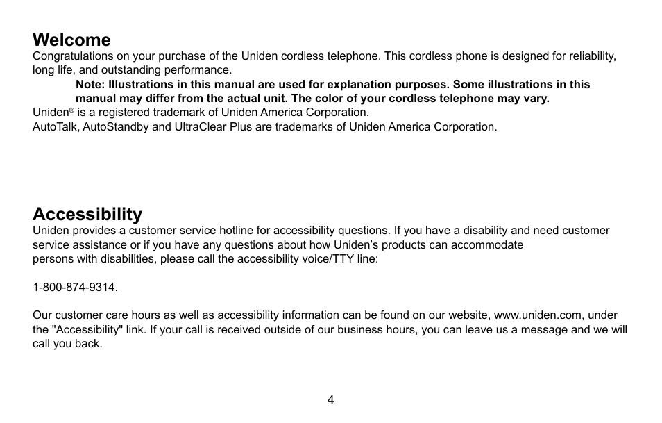 Welcome/accessibility, Welcome, Accessibility | Uniden EXI5660 Series User Manual | Page 5 / 48