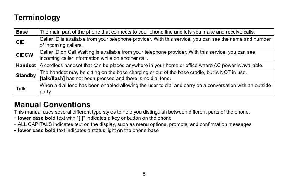 Terminology/manual conventions, Terminology, Manual conventions | Uniden EXI5660 Series User Manual | Page 6 / 48