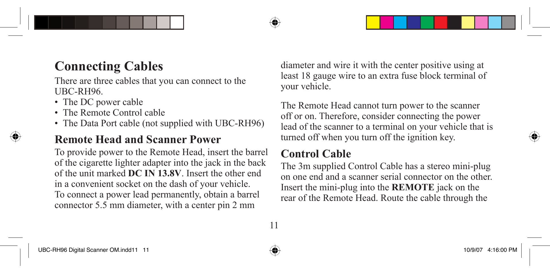 Connecting cables, Remote head and scanner power, Control cable | Uniden UBC-RH96 User Manual | Page 11 / 28