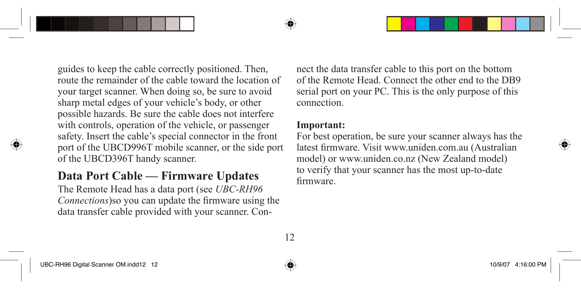 Data port cable — firmware updates | Uniden UBC-RH96 User Manual | Page 12 / 28
