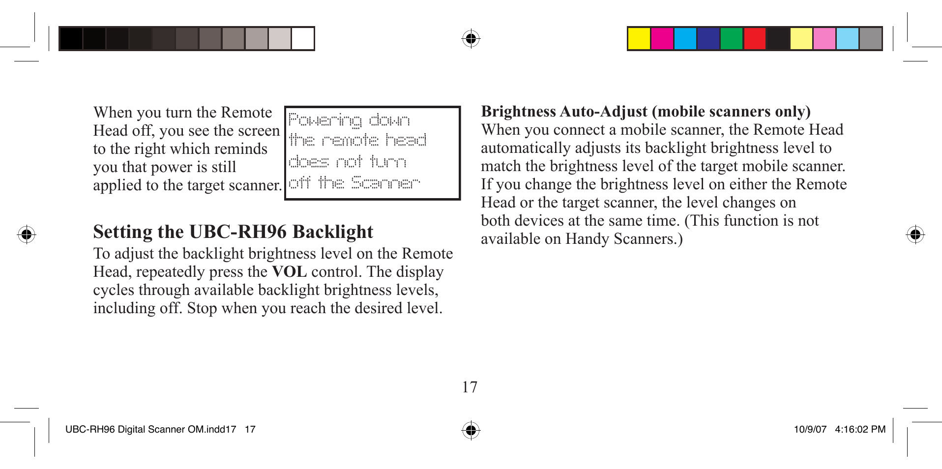 Setting the ubc-rh96 backlight | Uniden UBC-RH96 User Manual | Page 17 / 28