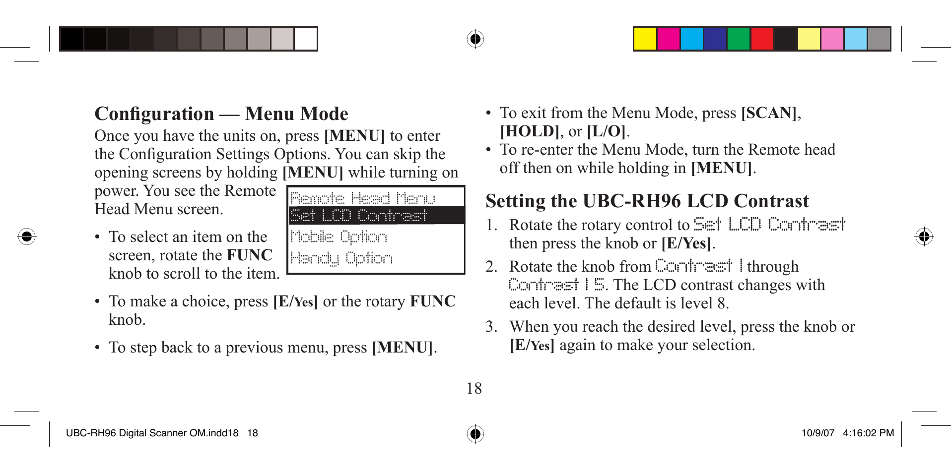 Confi guration — menu mode, Setting the ubc-rh96 lcd contrast | Uniden UBC-RH96 User Manual | Page 18 / 28