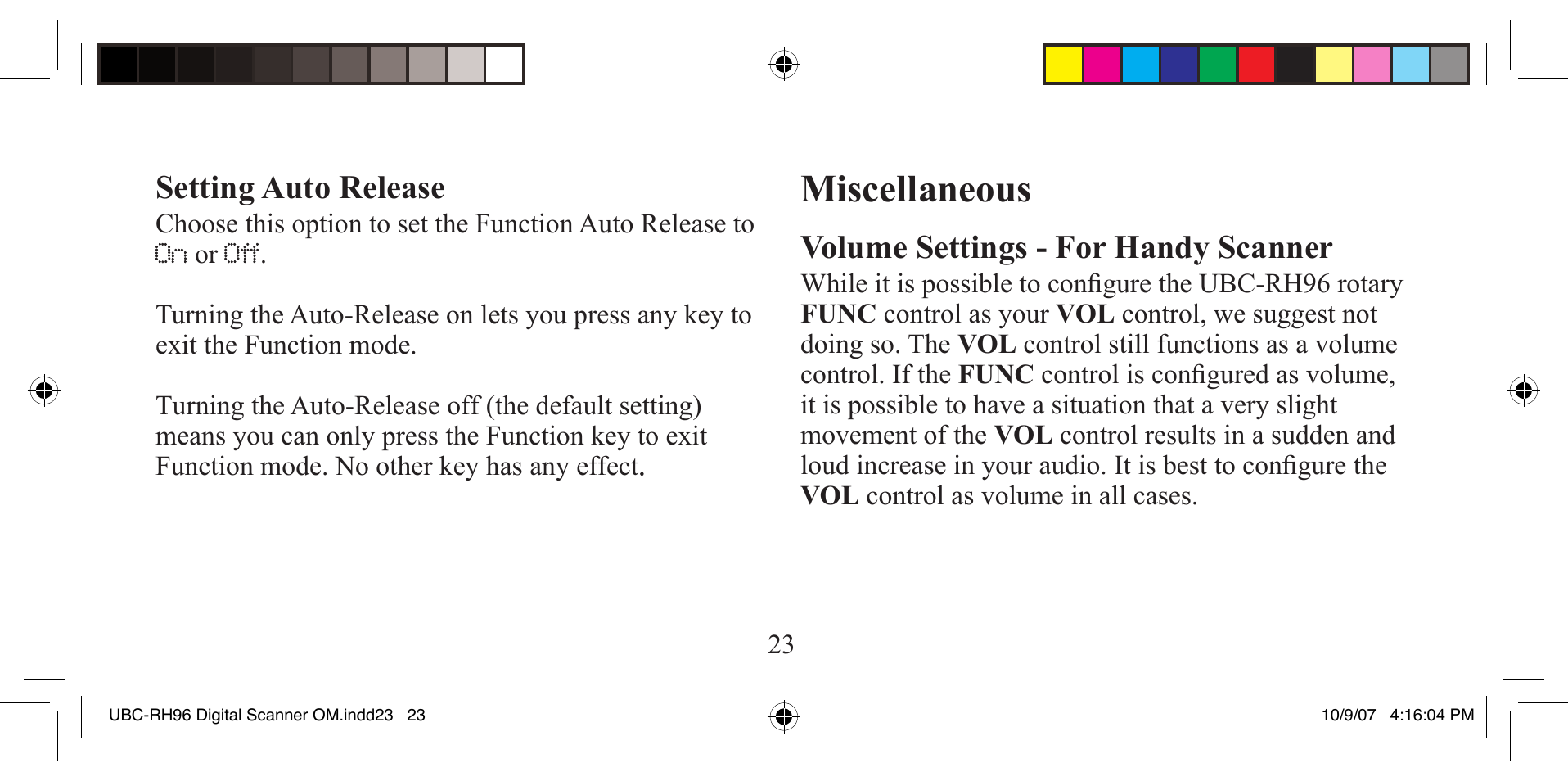 Miscellaneous, Setting auto release, Volume settings - for handy scanner | Uniden UBC-RH96 User Manual | Page 23 / 28