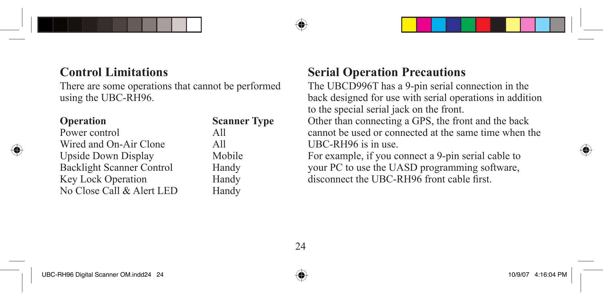 Control limitations, Serial operation precautions | Uniden UBC-RH96 User Manual | Page 24 / 28