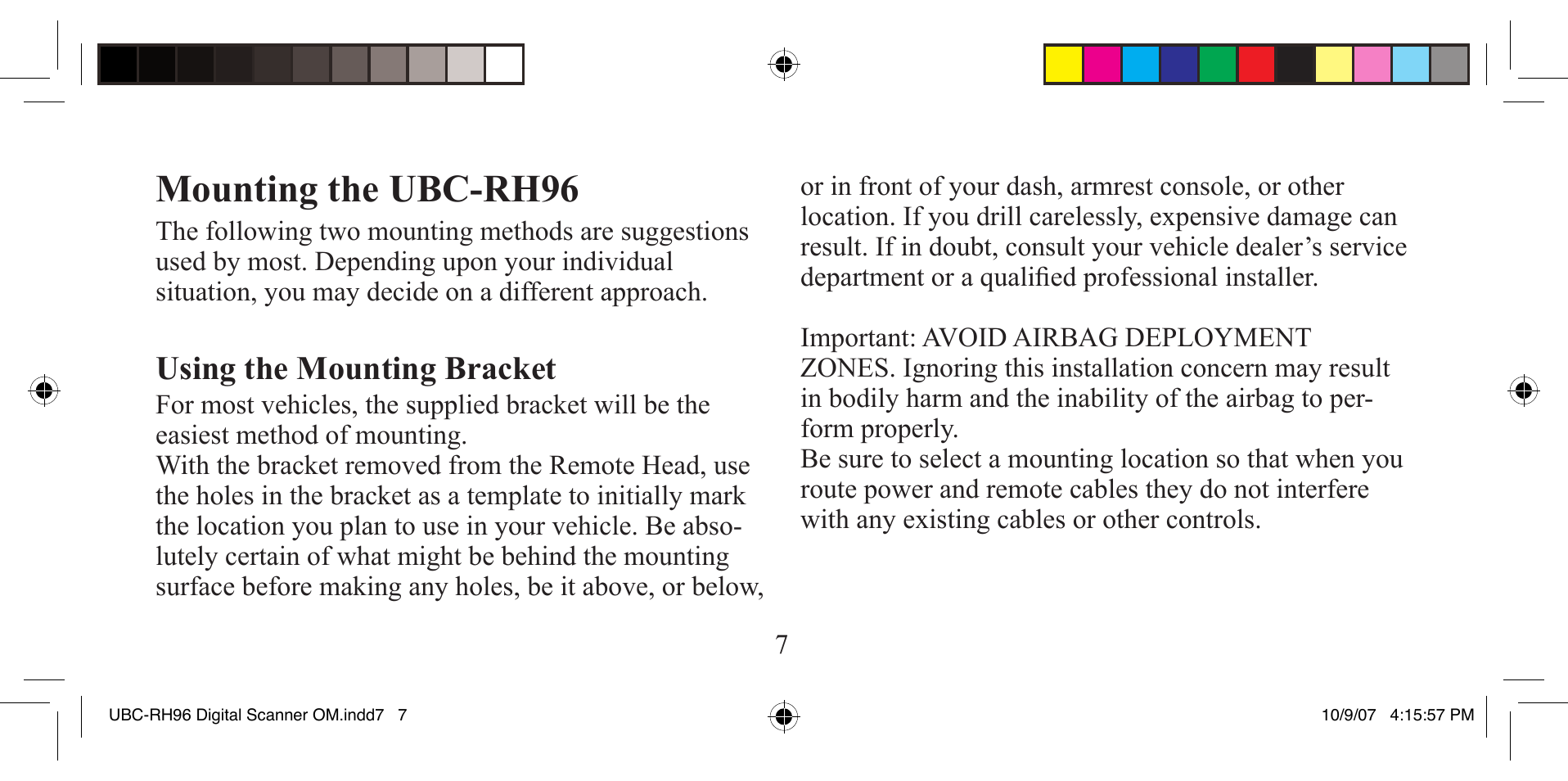 Mounting the ubc-rh96, Using the mounting bracket | Uniden UBC-RH96 User Manual | Page 7 / 28