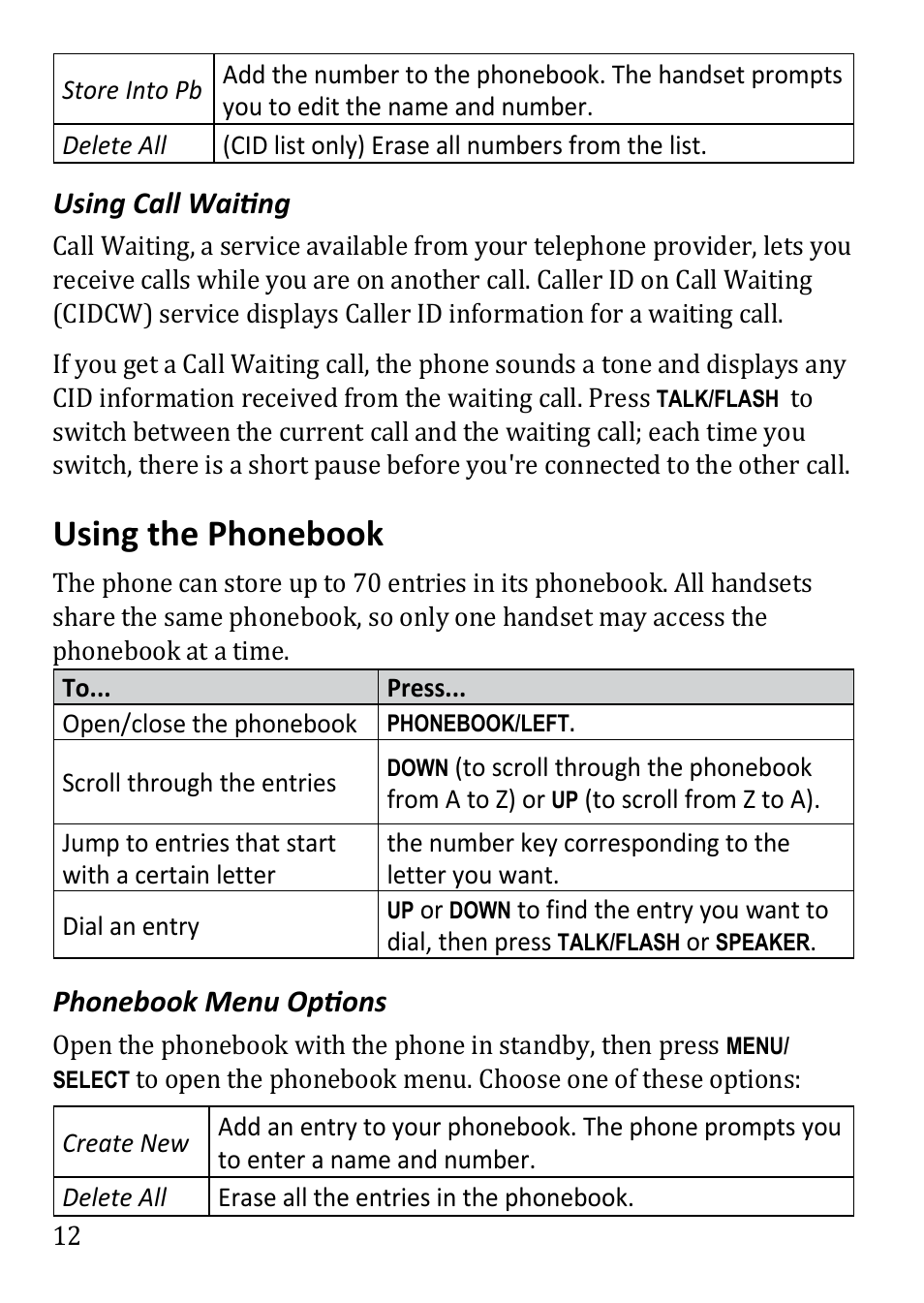 Using the phonebook, Using call waiting, Phonebook menu options | Uniden DECT1480 User Manual | Page 12 / 28