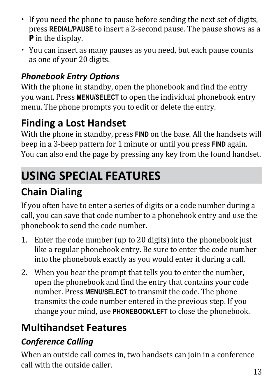 Finding a lost handset, Using special features, Chain dialing | Multihandset features | Uniden DECT1480 User Manual | Page 13 / 28