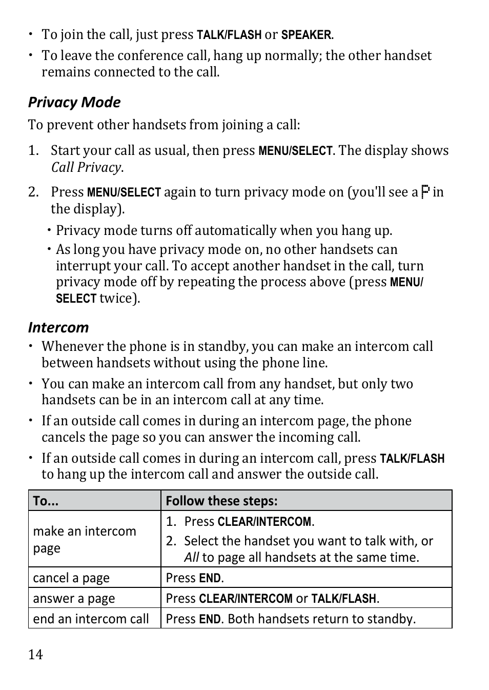 Privacy mode, Intercom | Uniden DECT1480 User Manual | Page 14 / 28