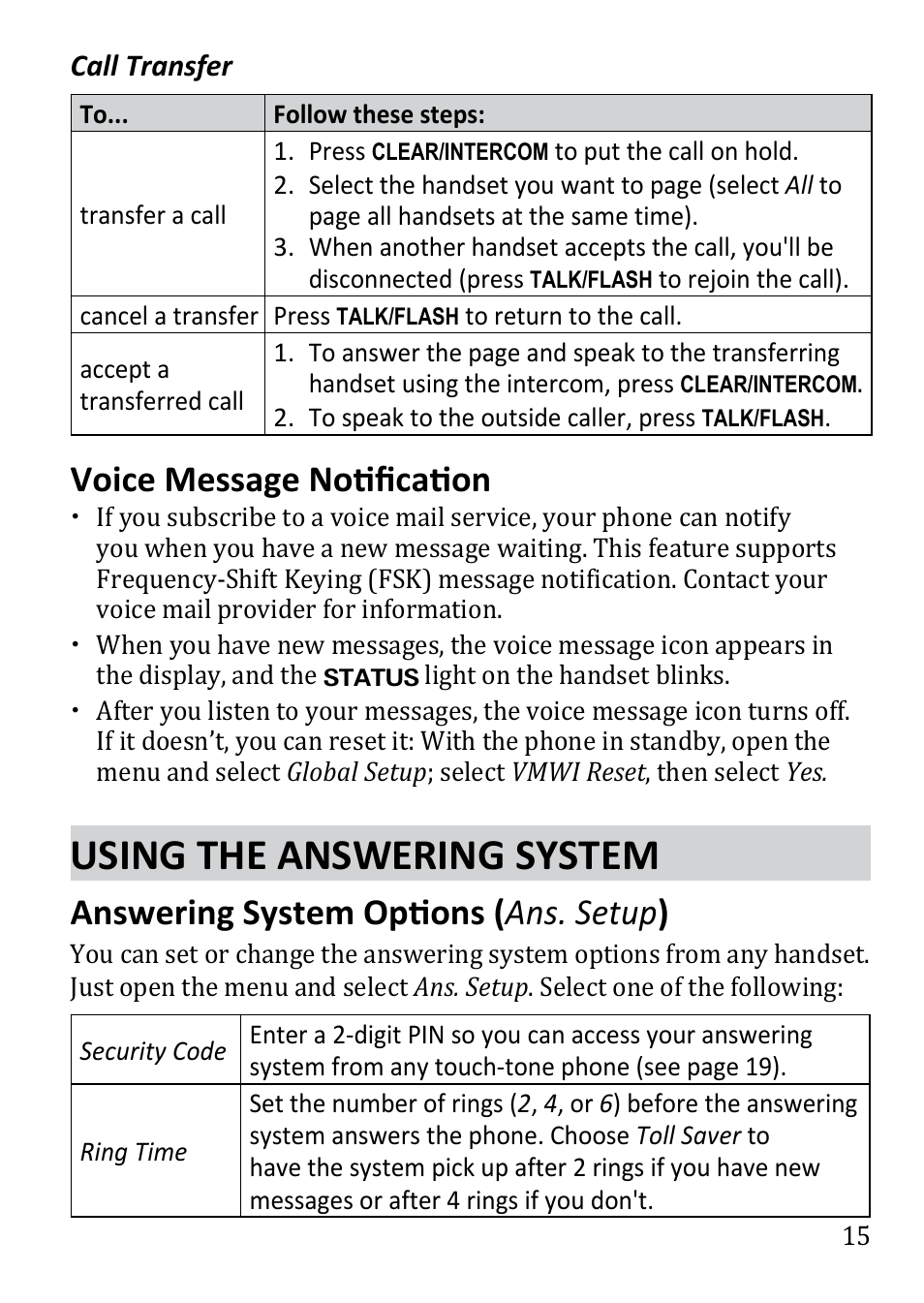 Voice message notification, Using the answering system, Answering system options | Ans. setup ), Menu, 1 for details on setting up your answering system, Answering system options ( ans. setup ) | Uniden DECT1480 User Manual | Page 15 / 28