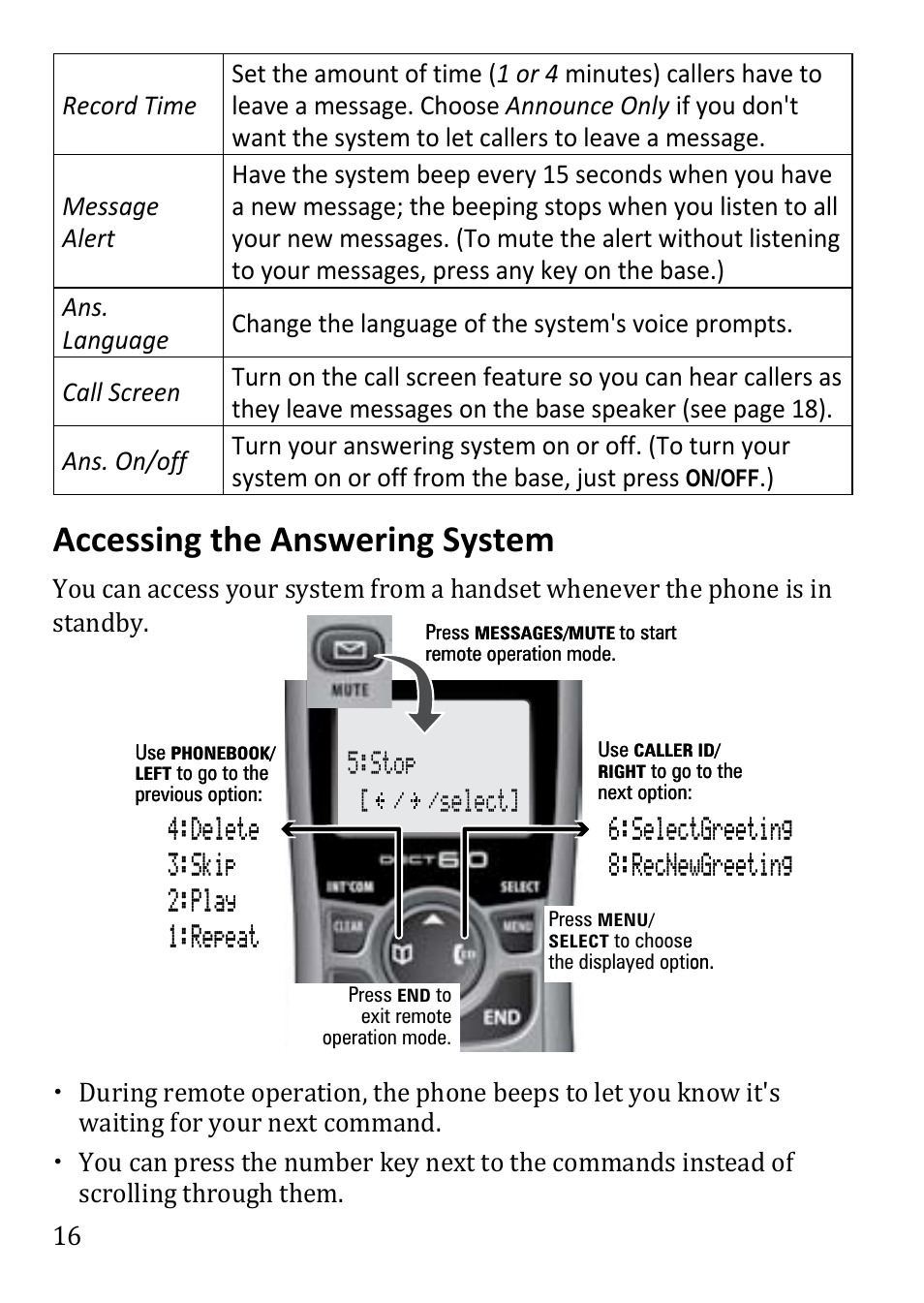 Accessing the answering, System, Accessing the answering system | Uniden DECT1480 User Manual | Page 16 / 28