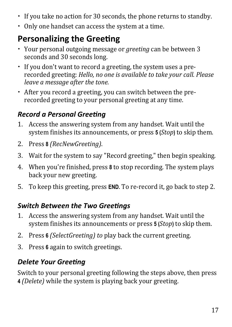 Personalizing the greeting, Record a personal greeting, Switch between the two greetings | Delete your greeting | Uniden DECT1480 User Manual | Page 17 / 28