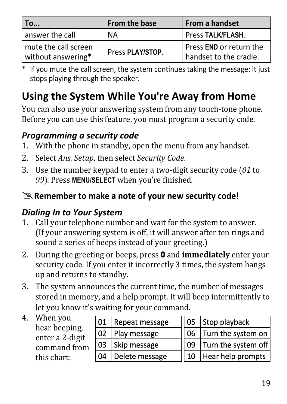 Using the system while you're, Away from home, Using the system while you're away from home | Uniden DECT1480 User Manual | Page 19 / 28