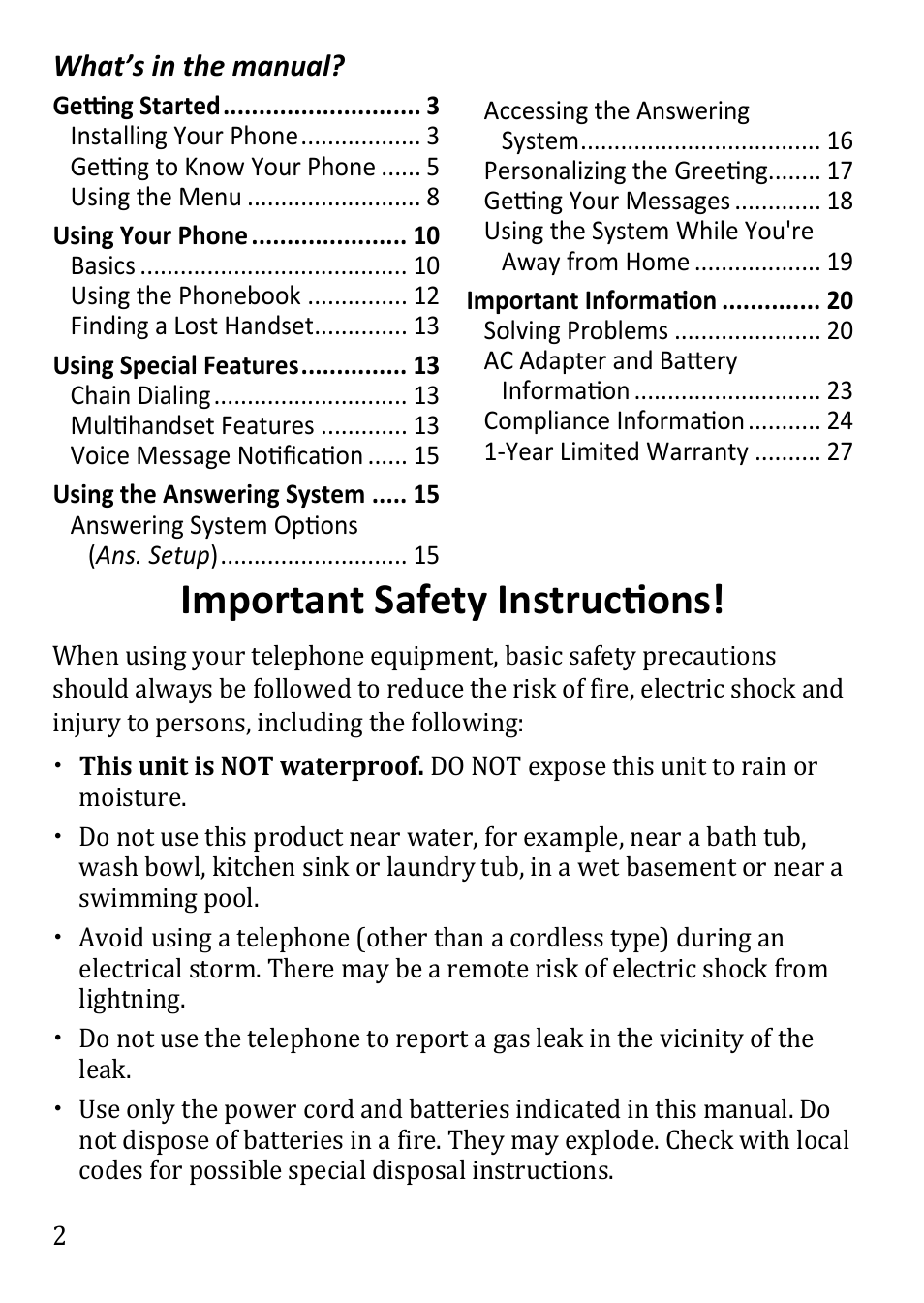 Important safety instructions | Uniden DECT1480 User Manual | Page 2 / 28