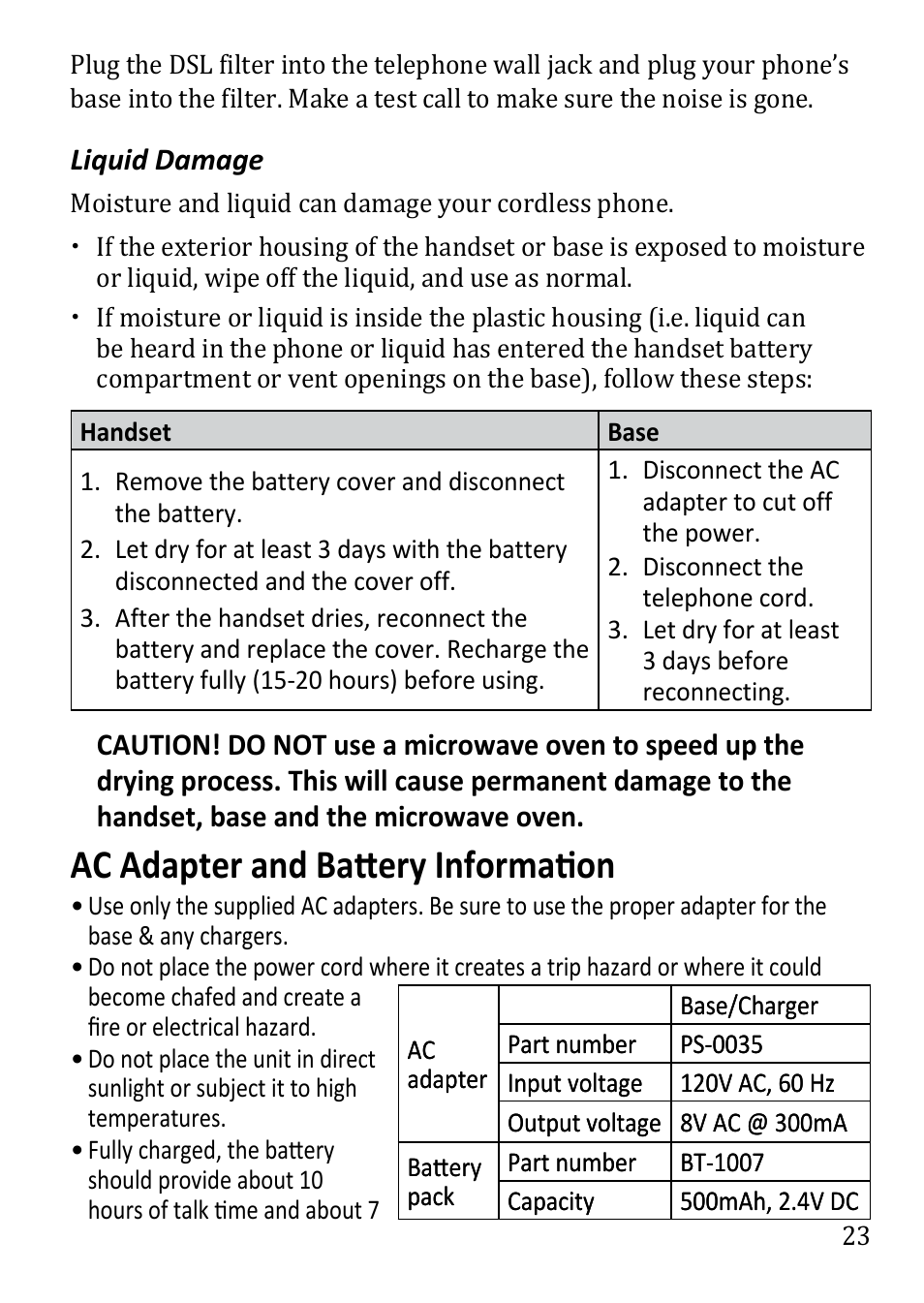Ac adapter and battery, Information, Ac adapter and battery information | Uniden DECT1480 User Manual | Page 23 / 28