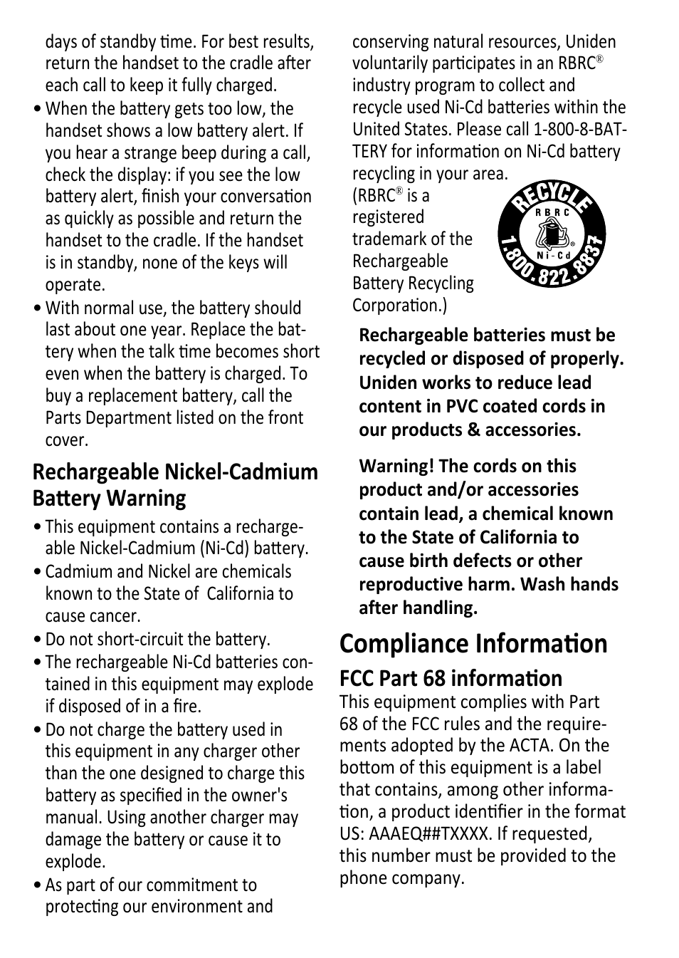 Compliance information, Rechargeable nickel-cadmium battery warning, Fcc part 68 information | Uniden DECT1480 User Manual | Page 24 / 28