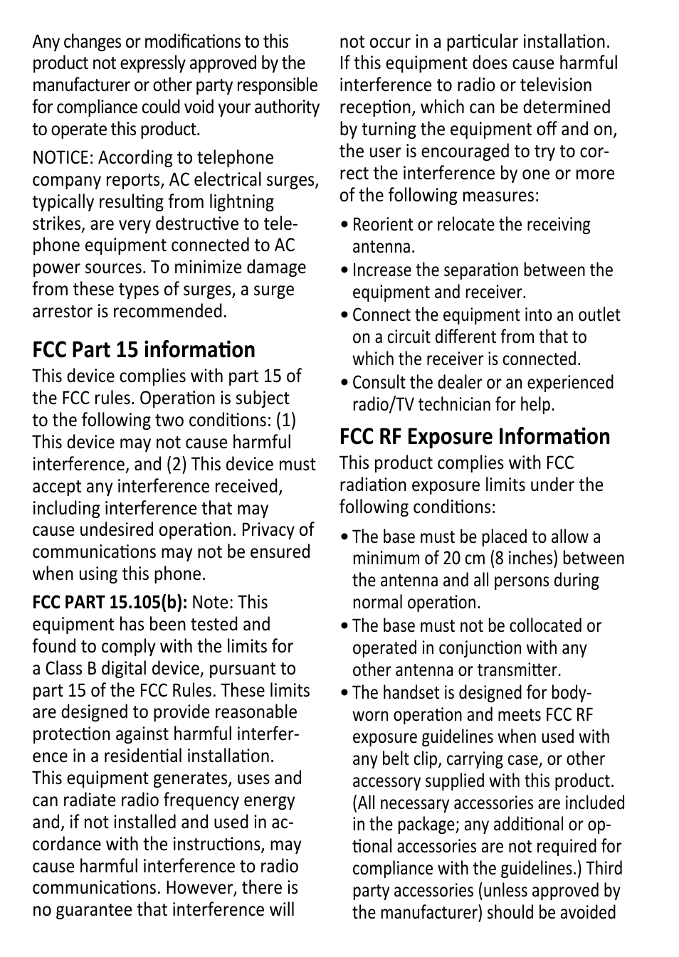 Fcc part 15 information, Fcc rf exposure information | Uniden DECT1480 User Manual | Page 26 / 28