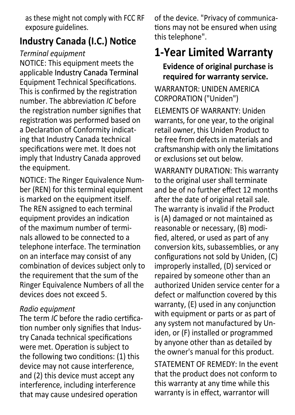 Year limited warranty, Industry canada (i.c.) notice | Uniden DECT1480 User Manual | Page 27 / 28