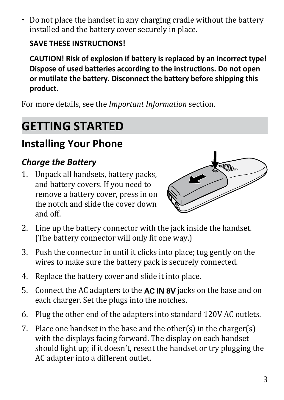 Getting started, Installing your phone | Uniden DECT1480 User Manual | Page 3 / 28