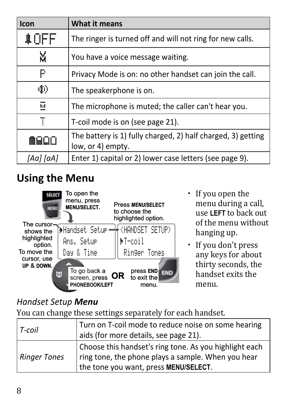 Using the menu, From a handset, open the menu and select, 8 for details on using the menu.) select | Handset setup menu, If you open the menu during a call, use | Uniden DECT1480 User Manual | Page 8 / 28
