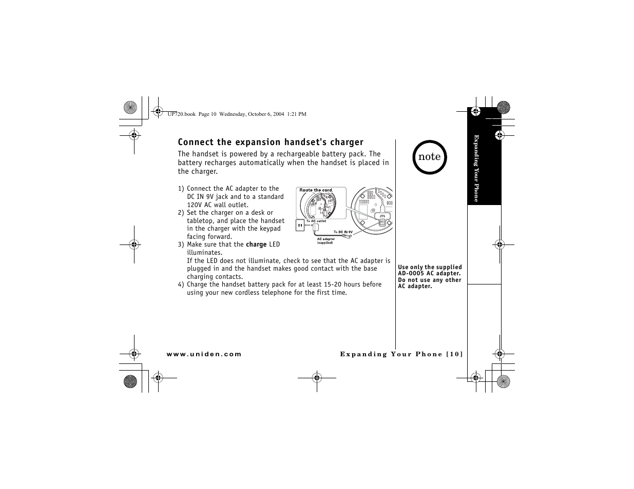 Connect the expansion handset's charger | Uniden DMX 778 Series User Manual | Page 11 / 96
