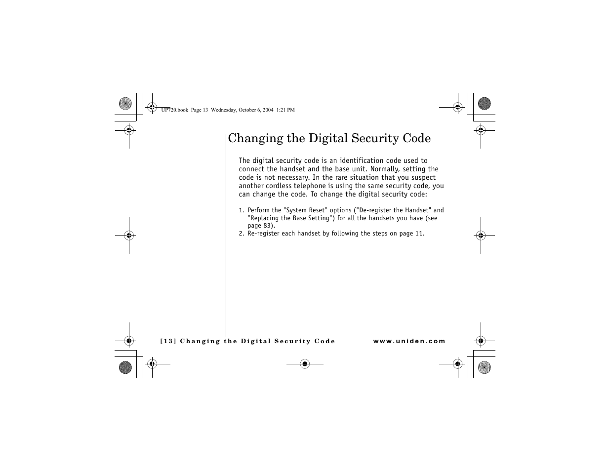 Changing the digital security code | Uniden DMX 778 Series User Manual | Page 14 / 96