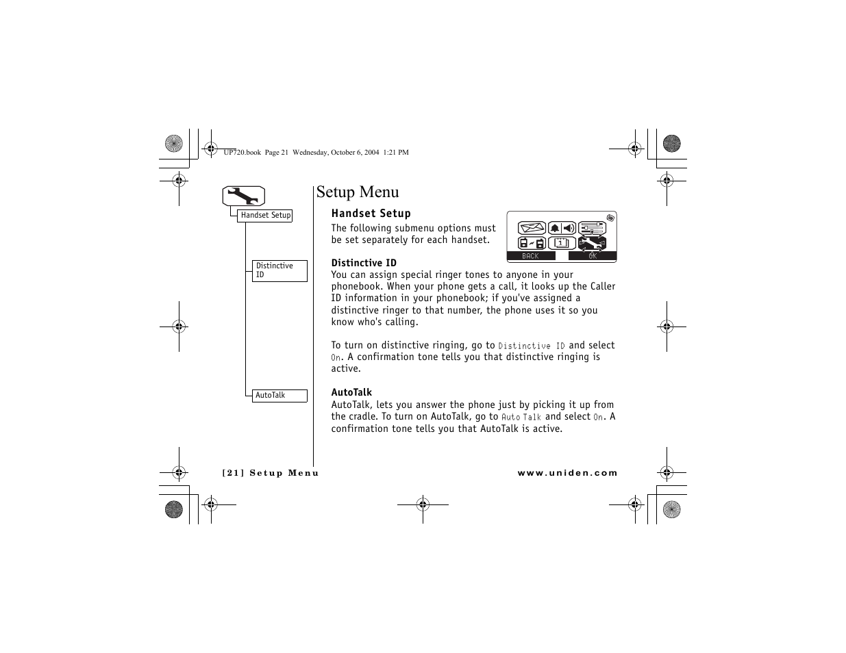 Setup menu, Handset setup | Uniden DMX 778 Series User Manual | Page 22 / 96