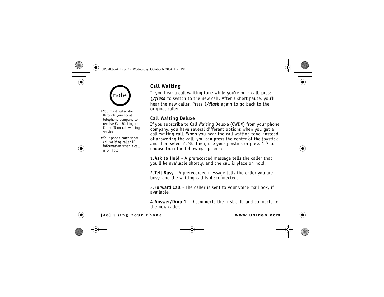 Call waiting | Uniden DMX 778 Series User Manual | Page 36 / 96