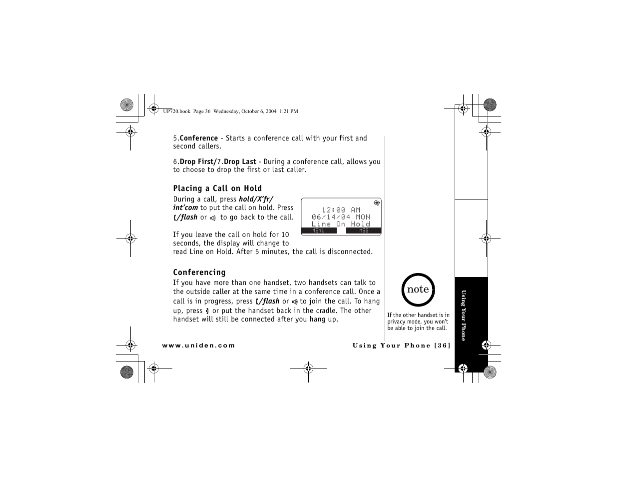 Placing a call on hold, Conferencing, P. 36 & 73) | Uniden DMX 778 Series User Manual | Page 37 / 96