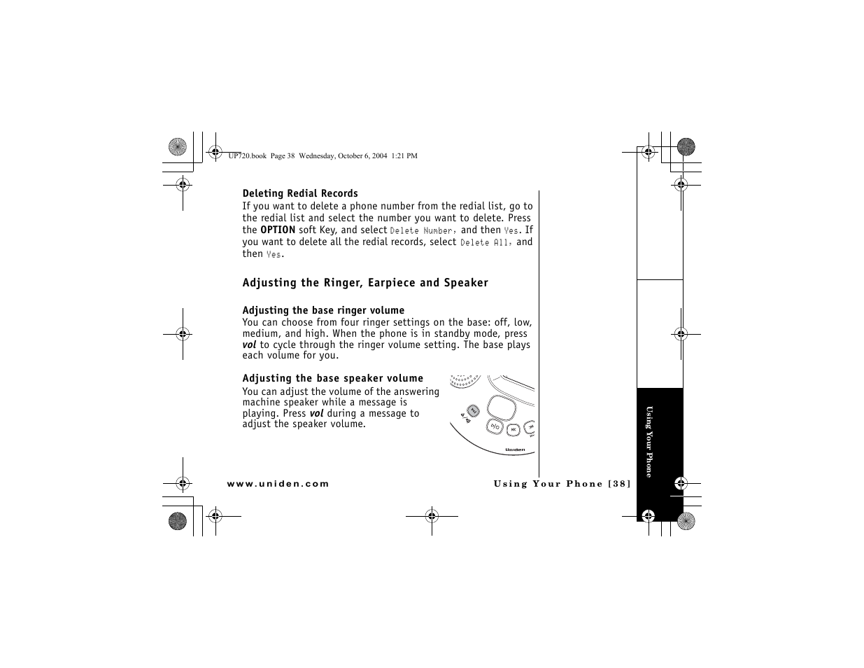 Adjusting the ringer, earpiece and speaker 38, P.38), Adjusting the ringer, earpiece and speaker | Uniden DMX 778 Series User Manual | Page 39 / 96