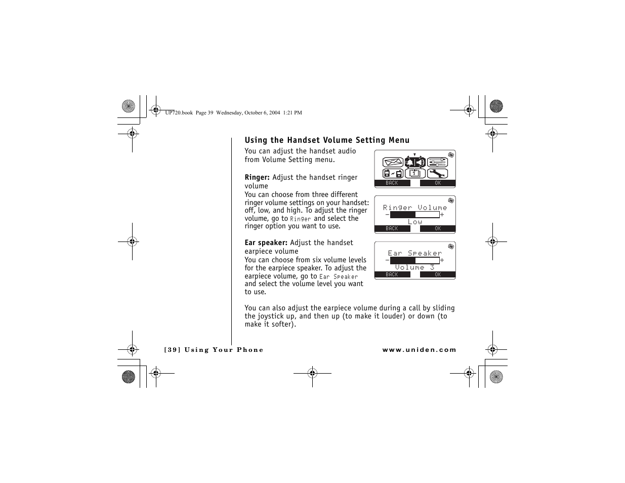 Using the handset volume setting menu | Uniden DMX 778 Series User Manual | Page 40 / 96